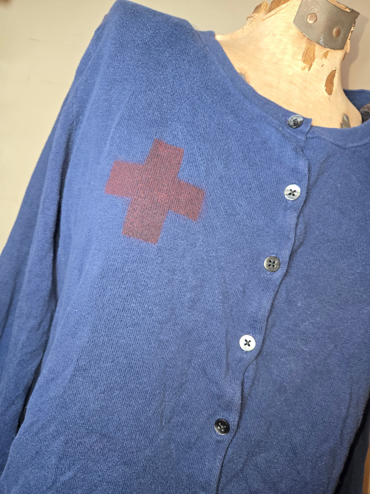 blue and red nurse cardigan