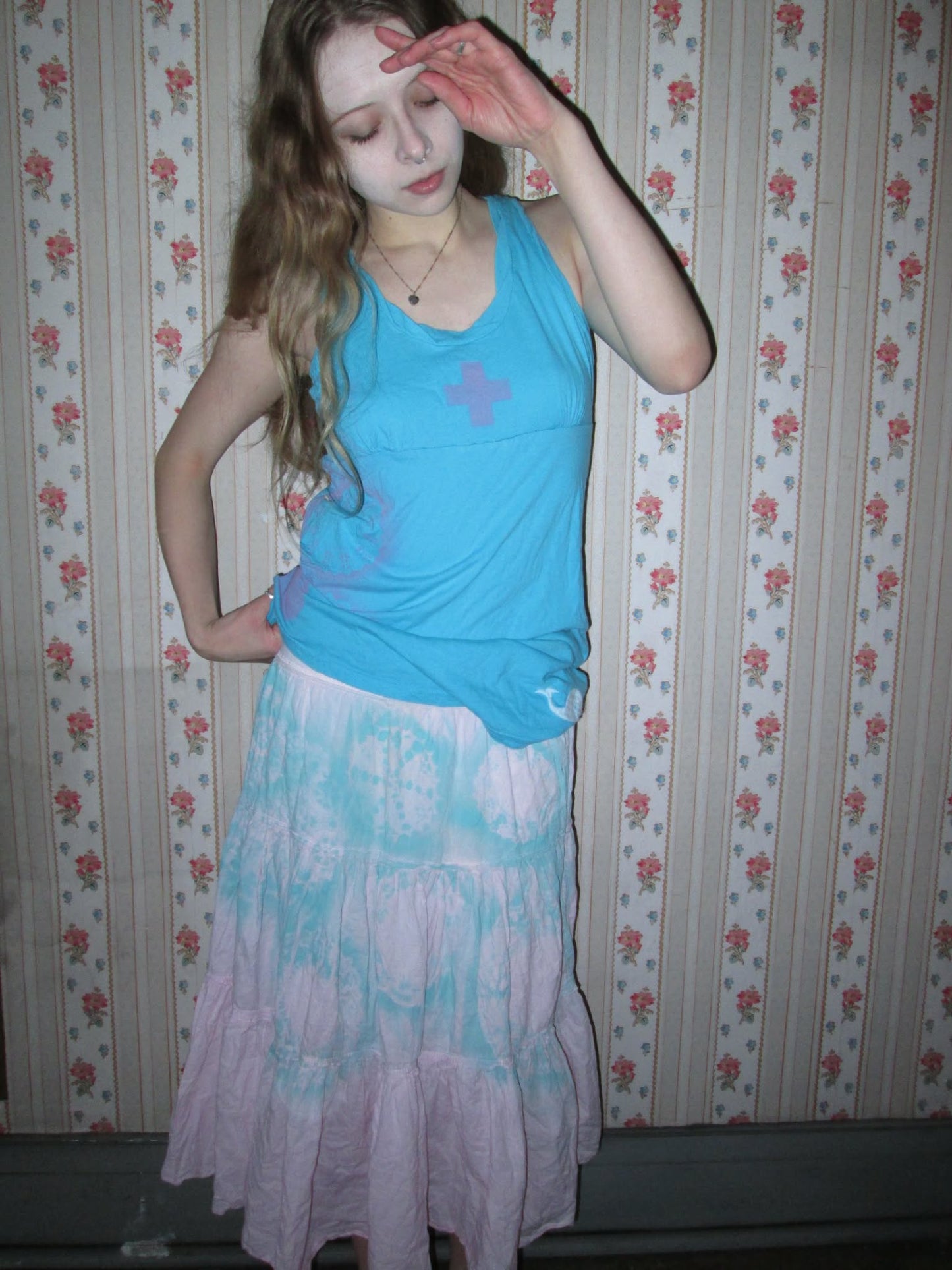 blue and pink collage tunic