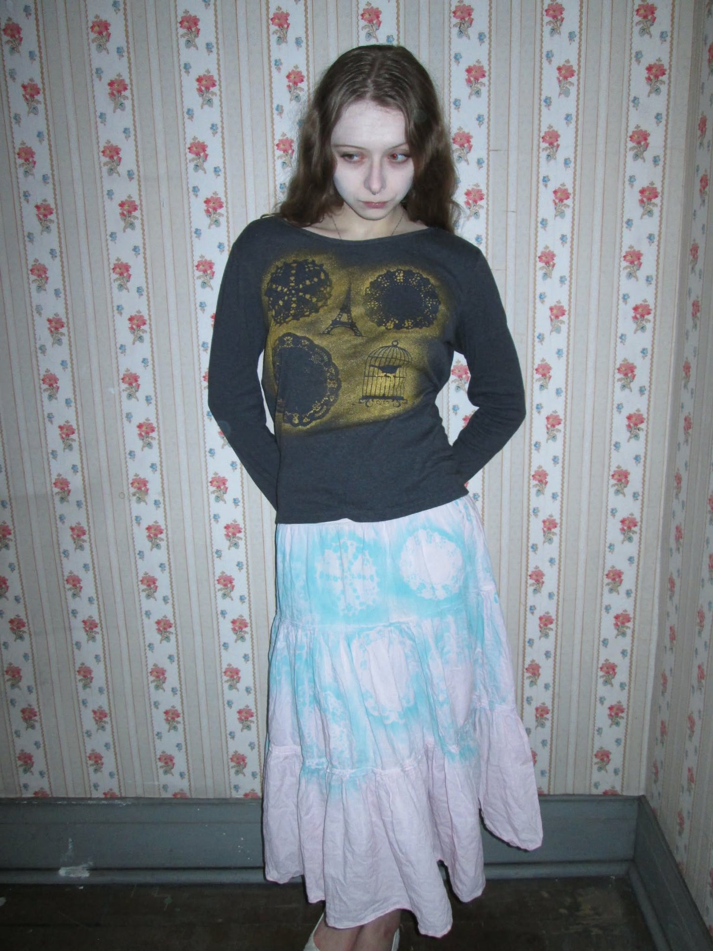 pink and blue doily skirt