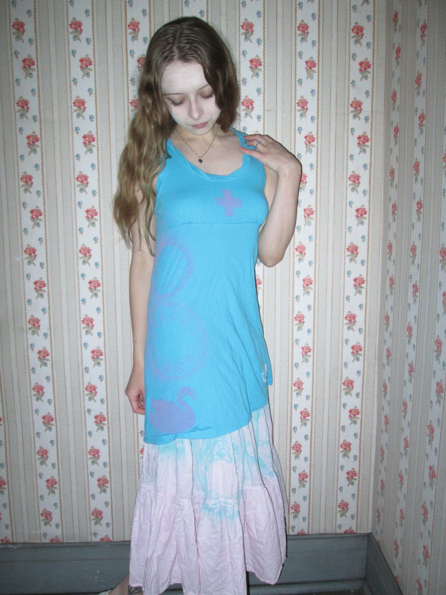 blue and pink collage tunic