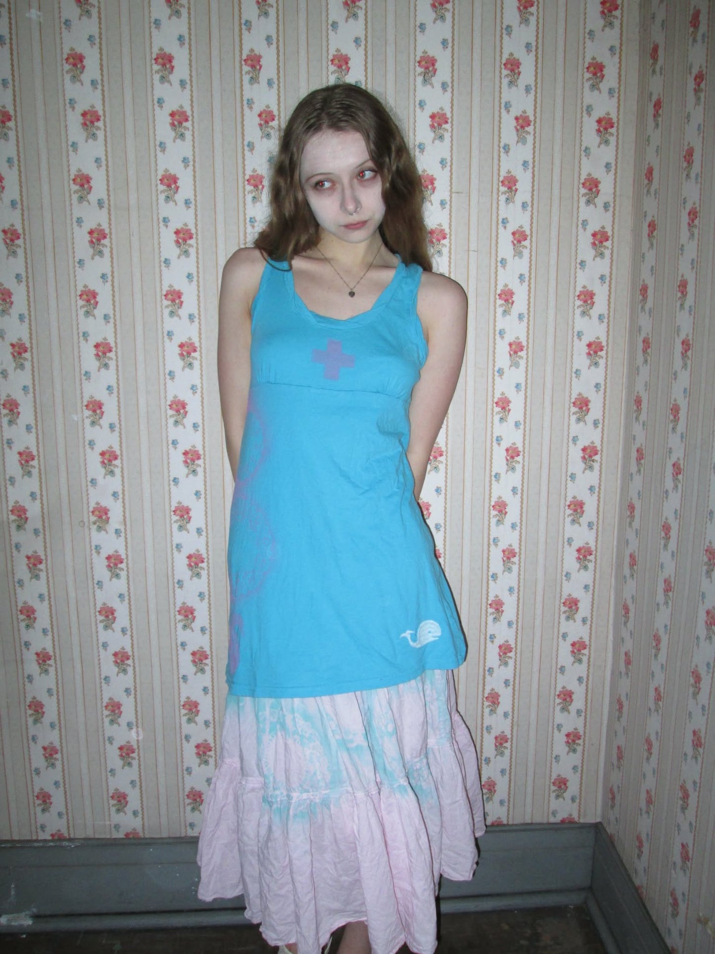 blue and pink collage tunic