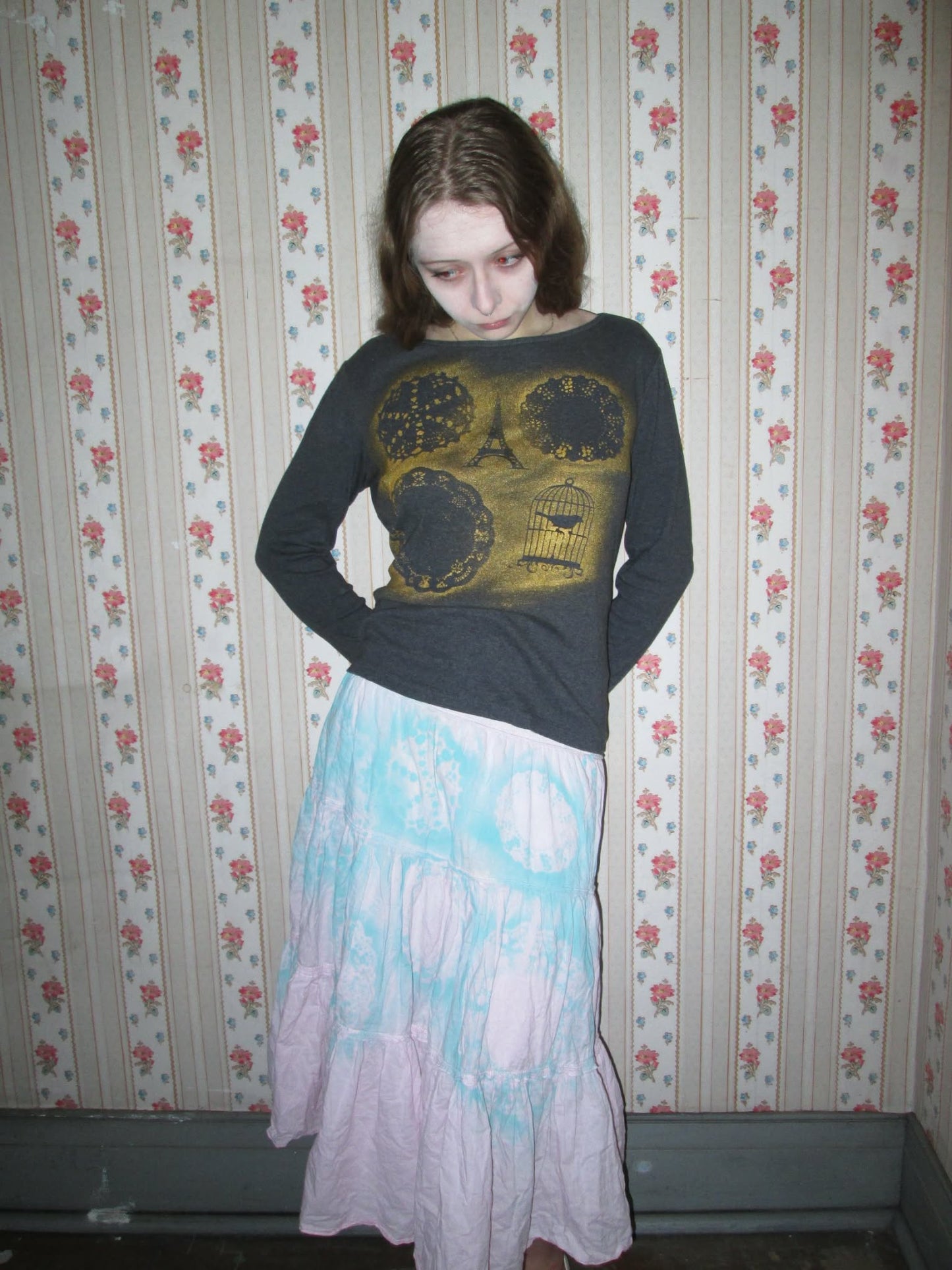 pink and blue doily skirt