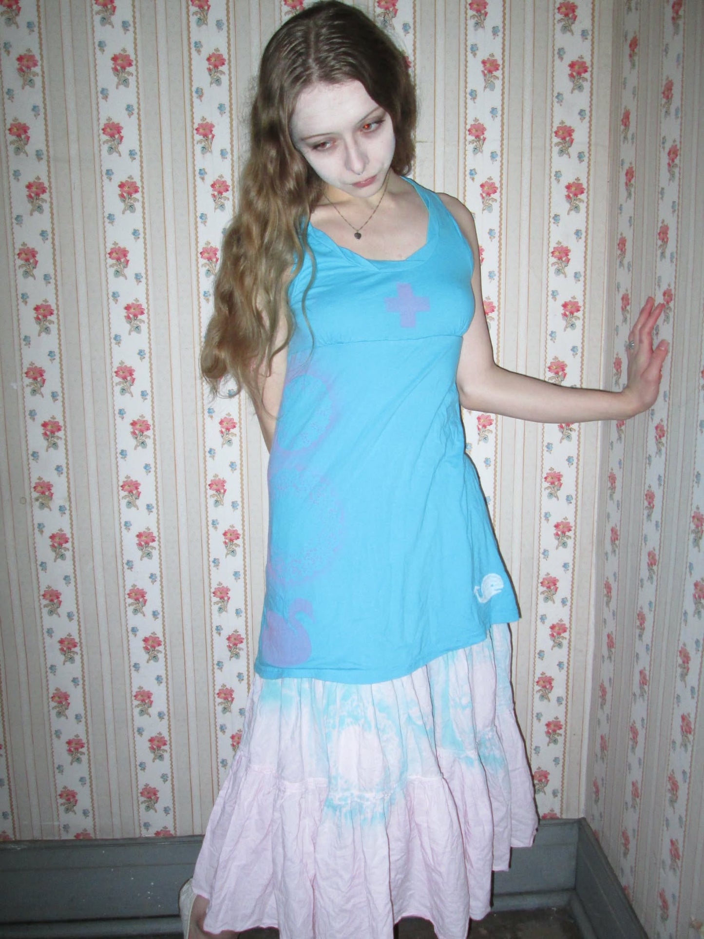 blue and pink collage tunic