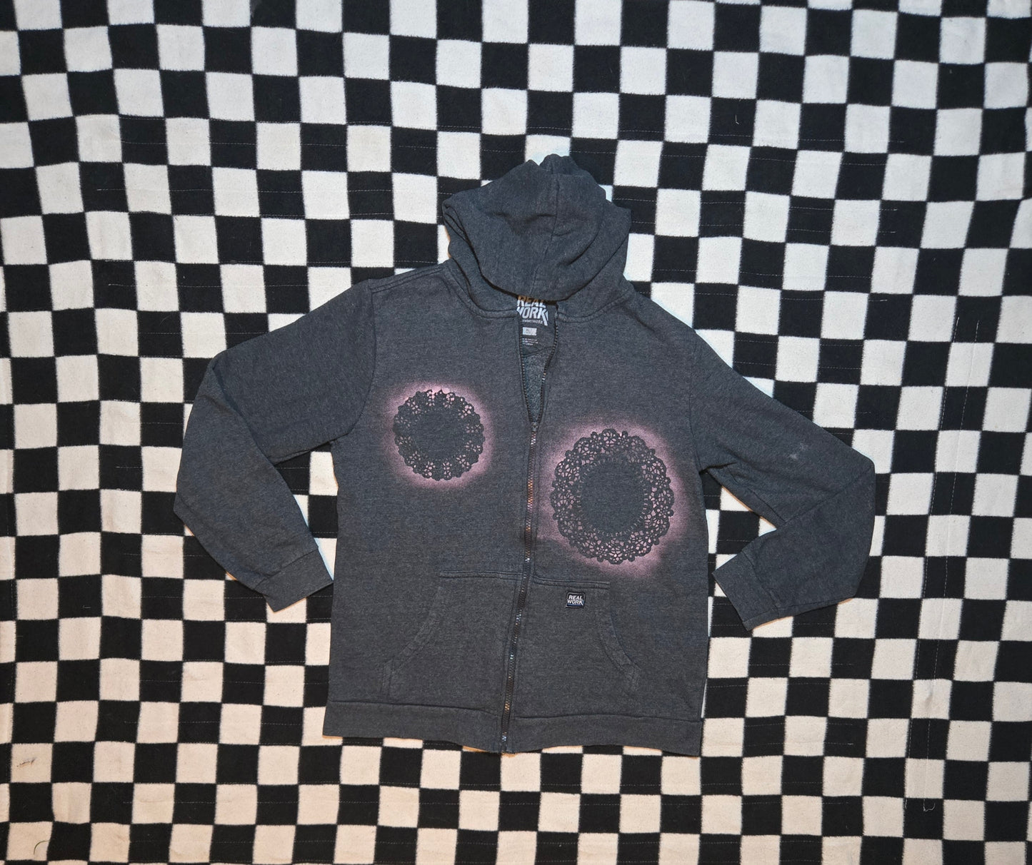 grey and pink doily jacket