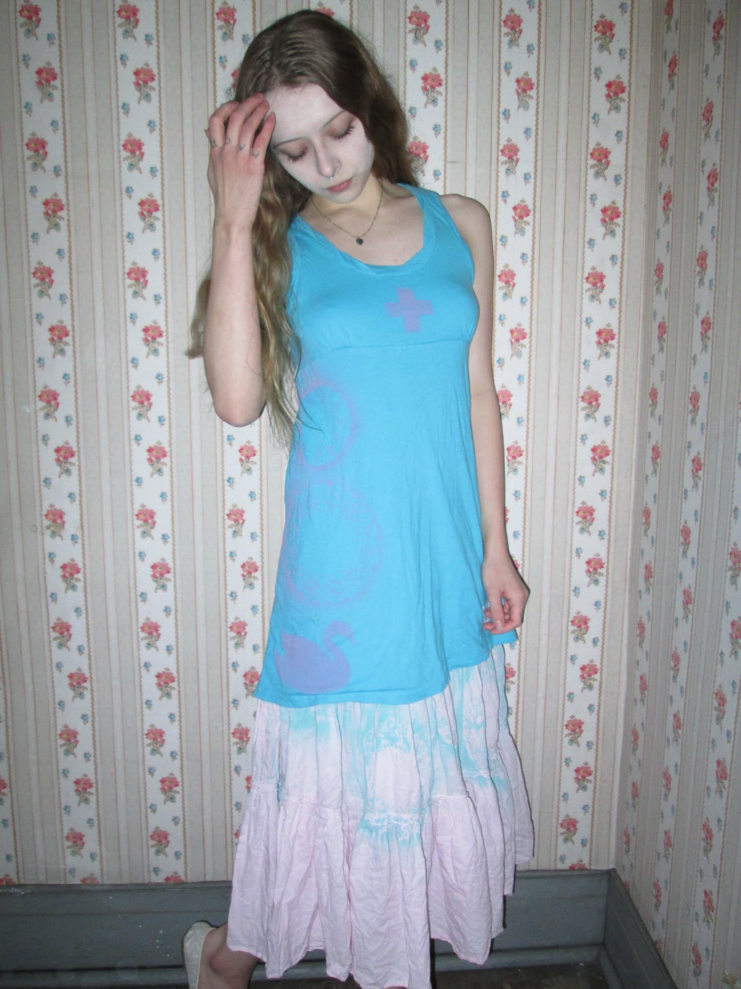 blue and pink collage tunic