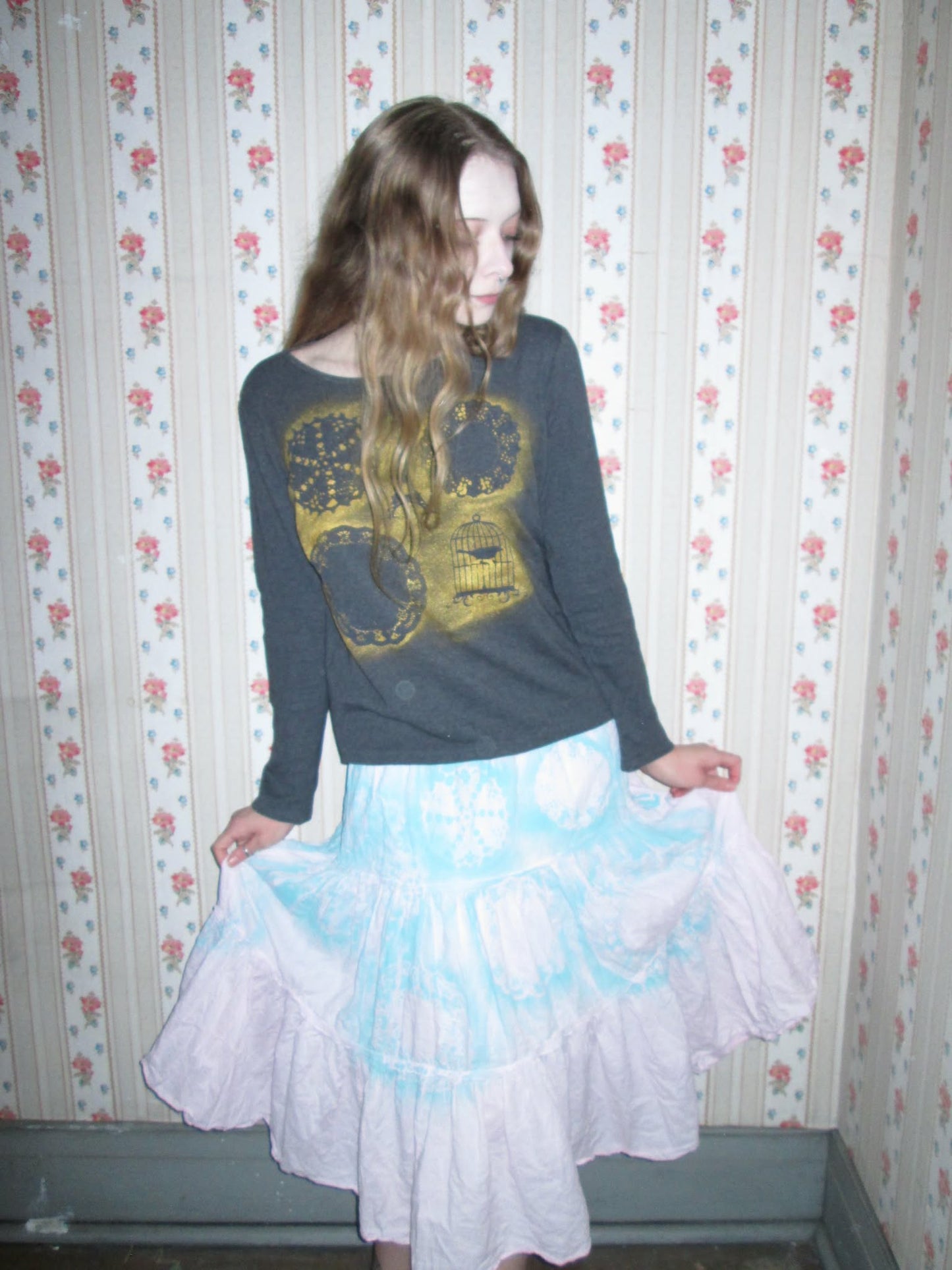 pink and blue doily skirt